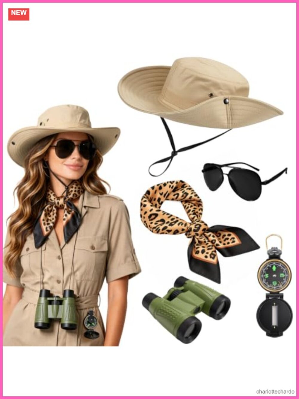 Women's Safari Explorer Cosplay Costume with Hat, Scarf, Sunglasses, Binoculars